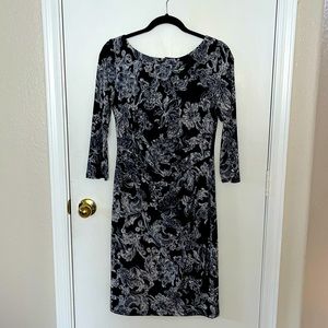 Navy blue with white flower pattern lined stretchy dress